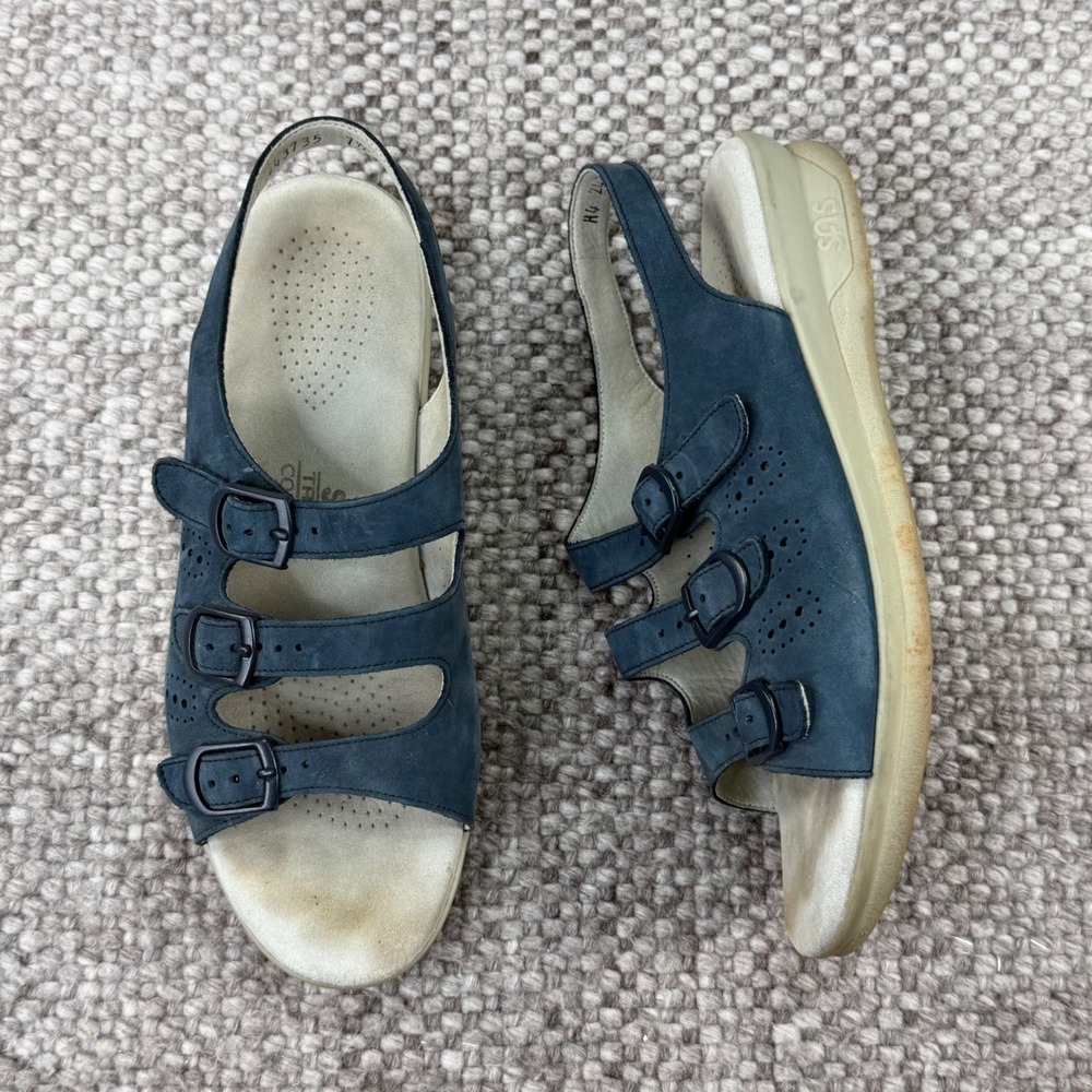 SAS Nudu Sandals Womens 7.5 M Navy Blue Nubuck Triple Strap Tripad Comfort USA